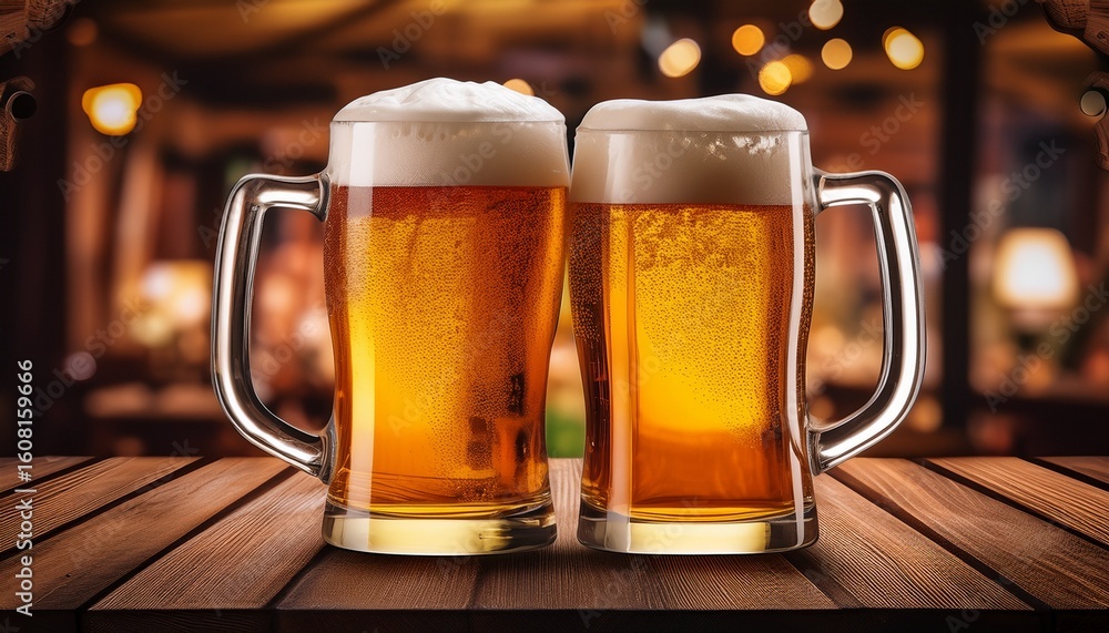 enjoying a beer two glasses held on a rustic wooden tabletop enjoying a beer two glasses held on a rustic wooden tabletop