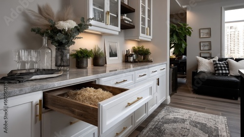 Modern kitchen pantry drawer open, showing wood, interior design