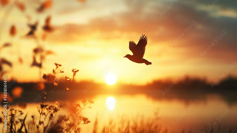 Obraz premium Birds flying sunset water nature landscape, International Day for the Remembrance of the Slave Trade and its Abolition