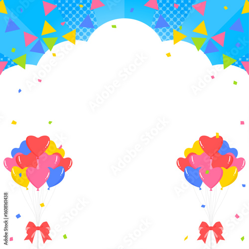 雲型の背景フレーム、ガーランド、ハートの風船、紙吹雪のデコレーション、正方形サイズ