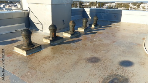 Rooftop inspection  worn sealant, bollards, urban view