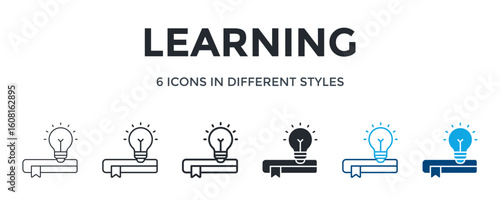 Learning Icon In Different Style Vector Illustration. Designed In Thin Line, Regular Line, Bold Line, Glyph, Color Line, And Color Glyph Style Can Be Used For Web
