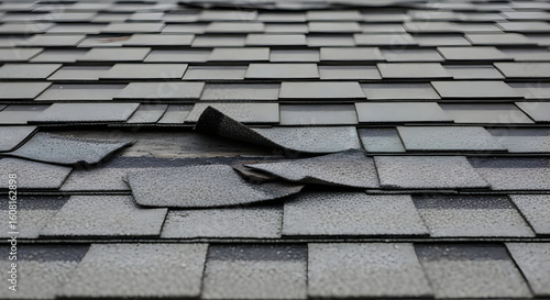 Close-up of a damaged residential roof, showing worn asphalt shingles needing urgent repair roof attention