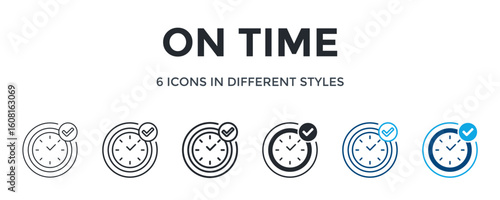 On Time Icon In Different Style Vector Illustration. Designed In Thin Line, Regular Line, Bold Line, Glyph, Color Line, And Color Glyph Style Can Be Used For Web