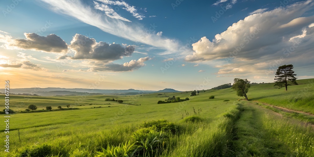 Obraz premium landscape with green grass and blue sky