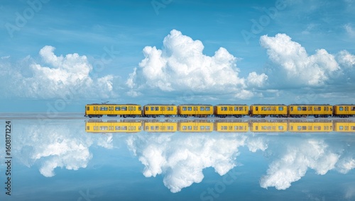 Yellow train on a mirrored sky