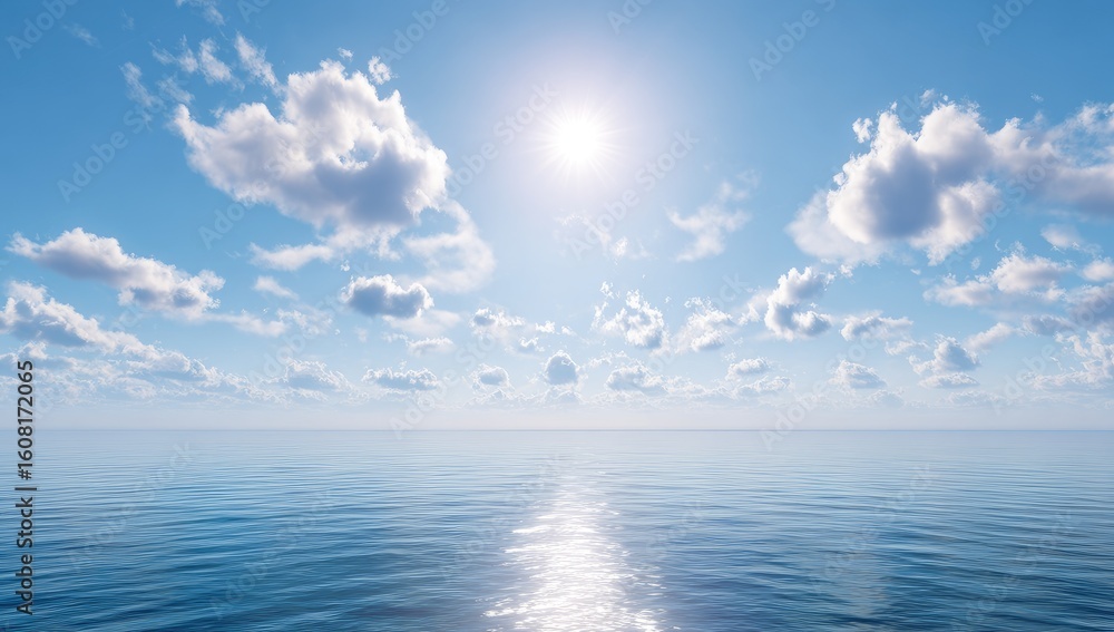 Obraz premium Wide shot of a serene ocean under a partly cloudy sky