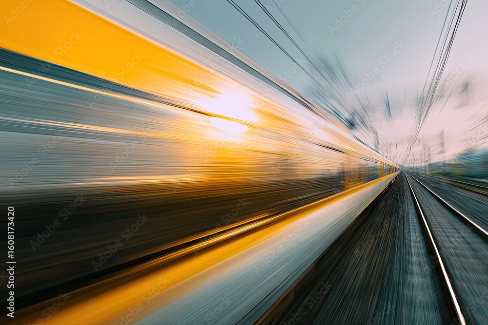 Obraz premium High-speed train moving fast at sunset