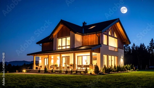 Modern home at night, lit windows, full moon