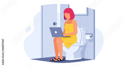 Woman working on laptop while sitting on toilet - illustration for blog, article or social media.