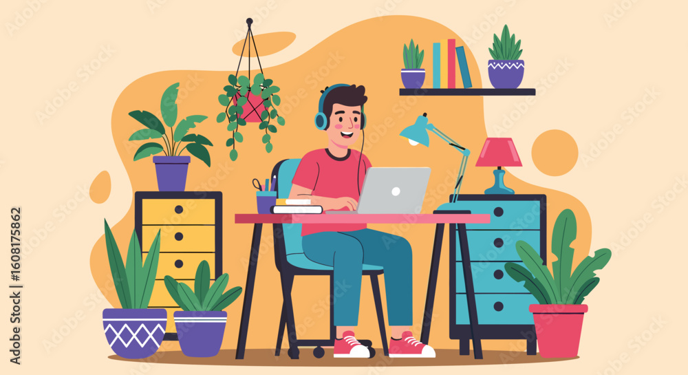 Obraz premium Young man working from home in a cozy and productive environment, ideal for blog posts about remote work or productivity.