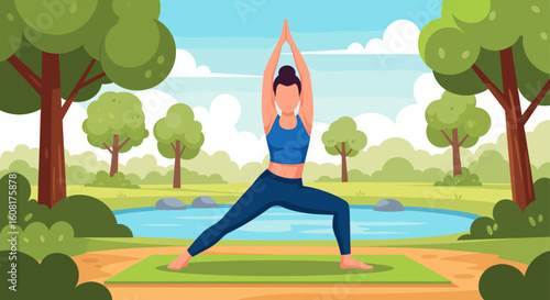 Woman doing yoga outdoors in a park, perfect for wellness websites or brochures.