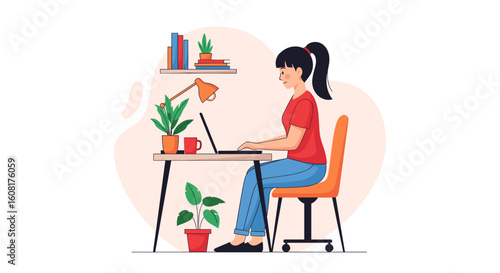 Young woman working on laptop at home office, perfect for blog posts about remote work or productivity.