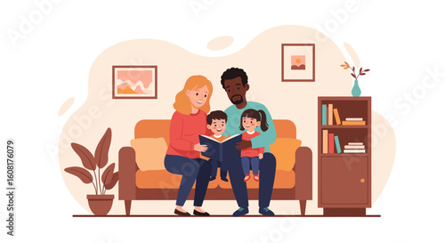 Happy family reading a book together on a cozy sofa at home. Perfect for blogs, websites, or brochures about family, parenting, or children's literature.