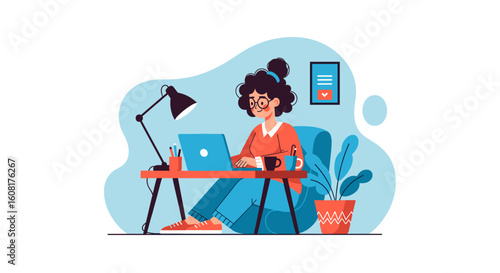 Woman working from home on laptop, perfect for blog posts or website banners about remote work.