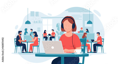 Woman working on laptop in a busy cafe, perfect for illustrating remote work, coworking spaces, or the digital nomad lifestyle.