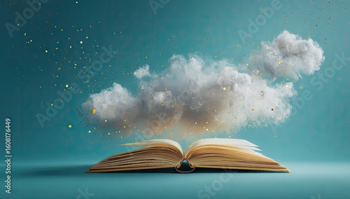 Open book with fantastical clouds