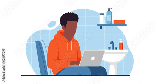 Man working on laptop in bathroom, perfect for articles about remote work, work-life balance, or modern lifestyle.