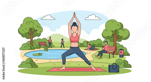 Woman doing yoga in a park, perfect for wellness websites or brochures.