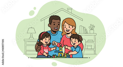 Happy diverse family playing with building blocks at home, perfect for family blogs, parenting websites, or children's product advertising.