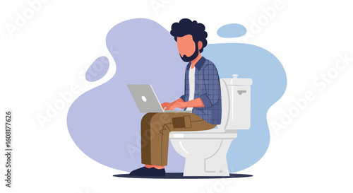 Man working on laptop while sitting on toilet - illustration for articles about work-life balance, remote work challenges, or humor.