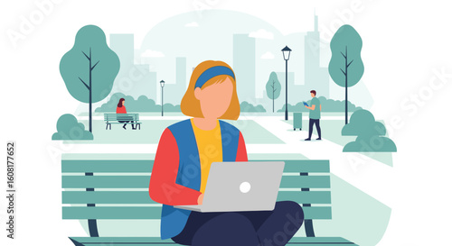 Woman working on laptop in park, perfect for website banners or blog posts about remote work, freelance, or outdoor productivity.