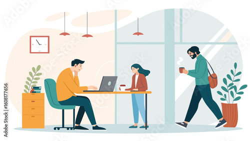 Modern office coworkers collaborating, working on laptop, drinking coffee. Ideal for website banners, brochures, and marketing materials.