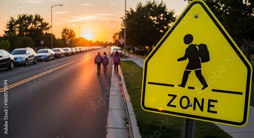 School zone sign alerts drivers to children crossing the street. It's the end of the day as students walk away during sunset.
