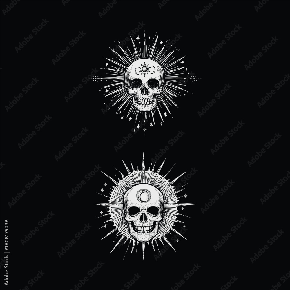 Fototapeta premium engraving style illustration of a human skull with a radiant sun motif, combining gothic aesthetics with celestial symbolism