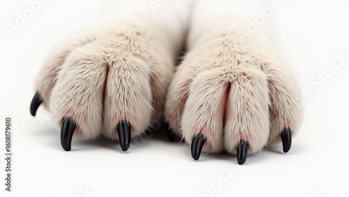 Close-up presents furry white dog paws with long, sharp black claws resting on a white surface.