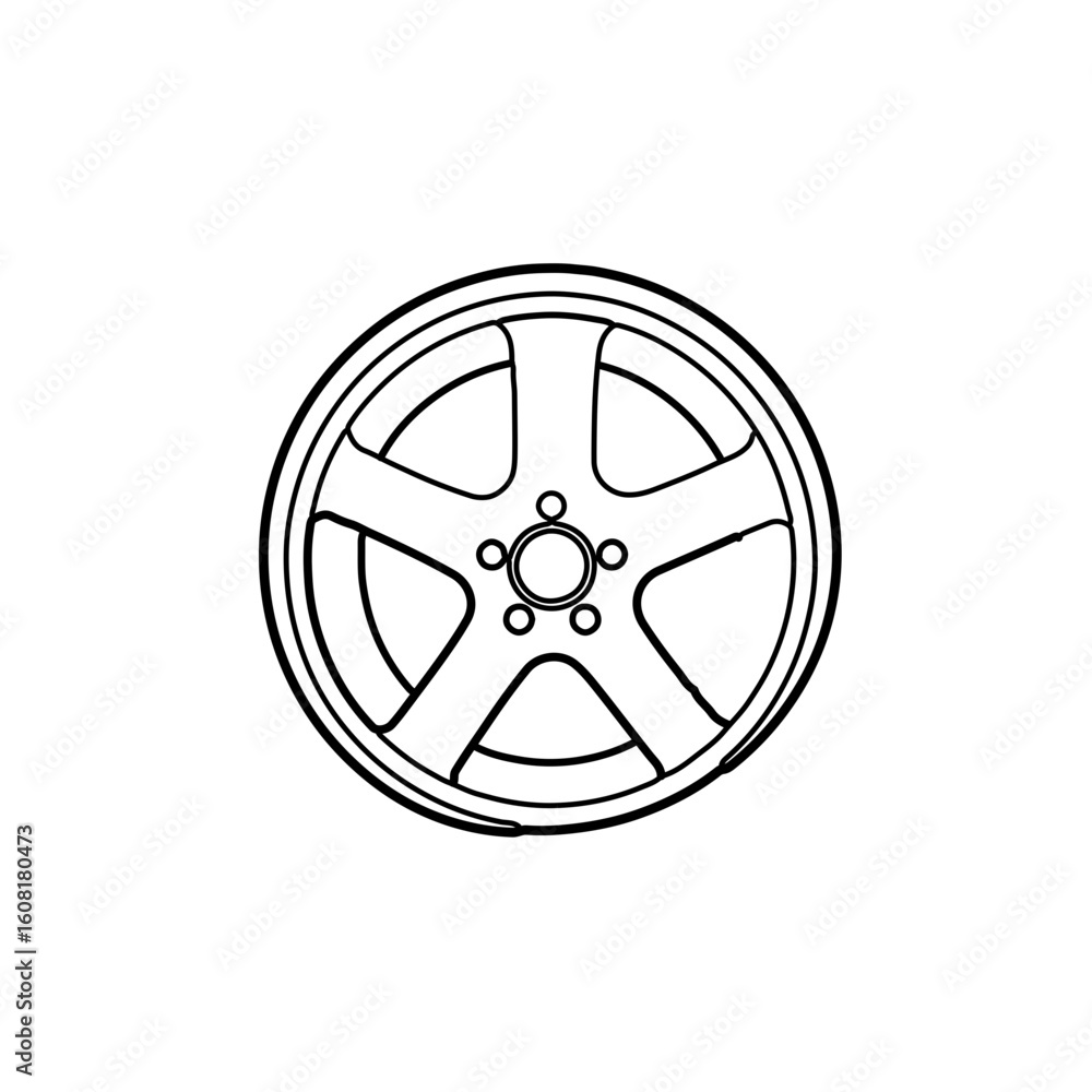 Fototapeta premium Detailed Black Outline of a Five-Spoke Car Wheel Rim with Central Bolt Pattern