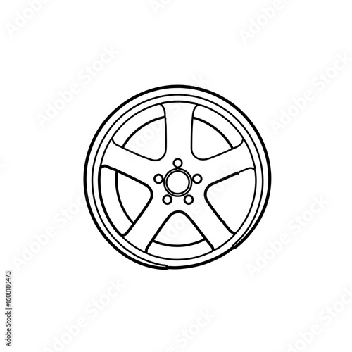 Detailed Black Outline of a Five-Spoke Car Wheel Rim with Central Bolt Pattern
