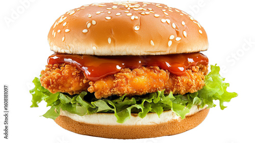  Delicious chicken burger, double burger with crispy chicken meat, salad and sauce isolated on white background