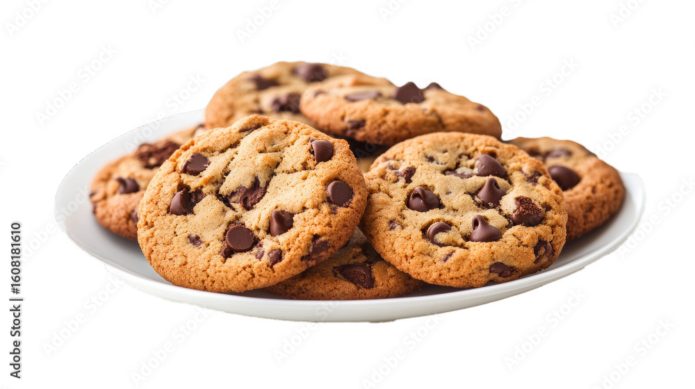 delicious chocolate chip cookies round shape in a plate isolated on white background. delicious chocolate chip cookies round shape in a plate isolated on white background.