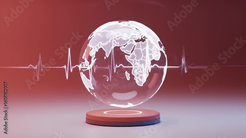 Transparent Globe Displayed on Red Platform with Electrocardiogram Line in a Modern Render