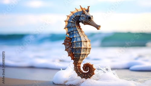 Seahorse on beach at sunset