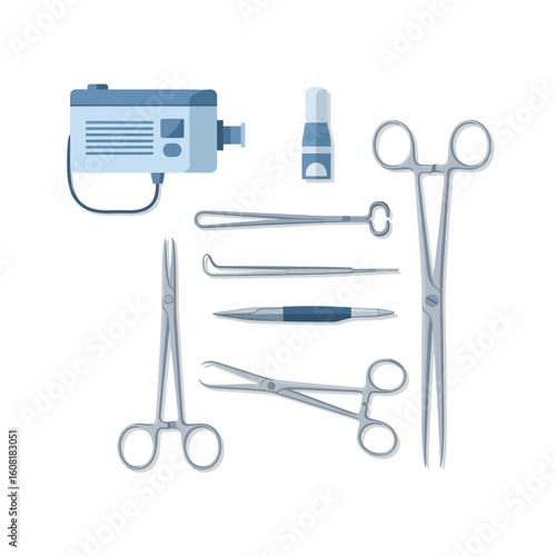 Surgical instruments and medical camera laid out for a procedure.