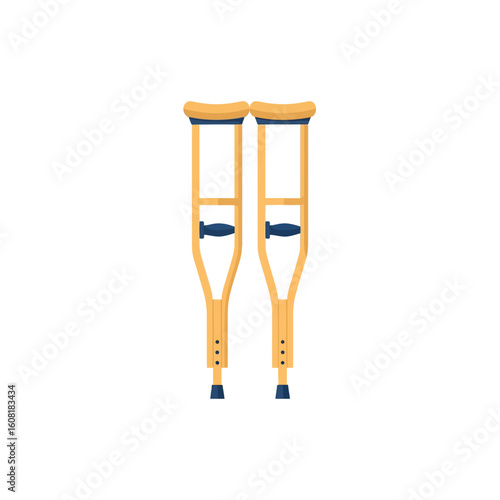 Two wooden crutches stand upright against a plain white background, ready for use.
