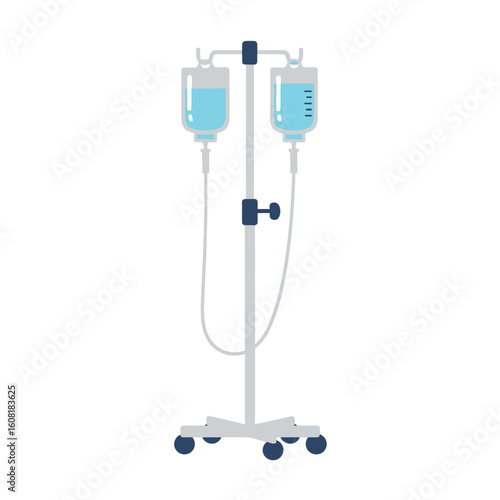Medical illustration of an intravenous drip stand holding two bags of fluid for patient treatment.