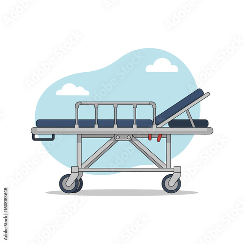 Illustration of a medical gurney or hospital bed with adjustable headrest, metal frame, and wheels, set against a light blue background with clouds.