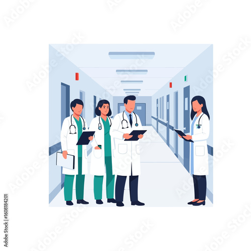 Medical team confers in hospital corridor, reviewing patient files.