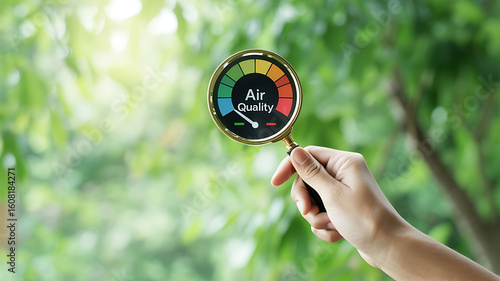 Discovering environmental health with a magnifying glass inspecting an air quality meter against lush green foliage and sunlit bokeh