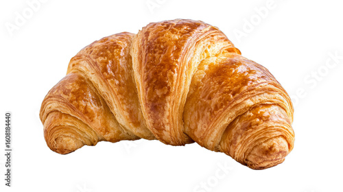 Freshly baked croissant isolated on white background. French pastry croissant closeup photo. Buttered bread croissant on white background. Fresh croissant bread isolated.