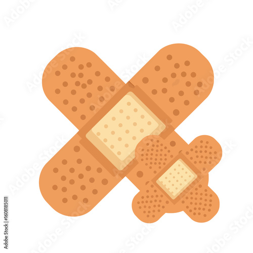 Two adhesive bandages, one large and one small, overlapping in a cross shape on a white background.