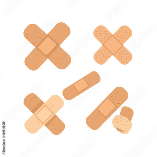 Illustration of five adhesive bandages in various shapes and sizes, including cross and rectangular forms on a white background.
