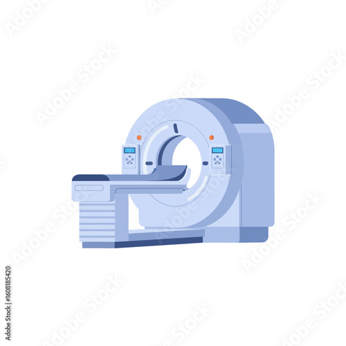 Illustration of a CT scanner machine, a medical imaging technology used for diagnostics, in a light blue color scheme.