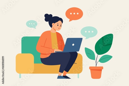 Woman working on laptop at home with plant and speech bubbles