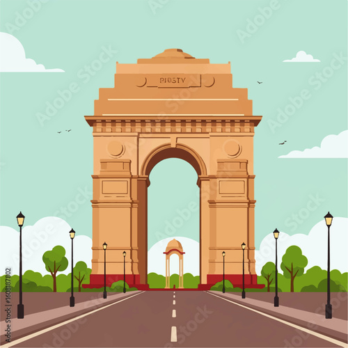 A grand, ornate archway stands as a prominent landmark on a wide, paved road, flanked by lampposts and lush green trees under a clear sky.