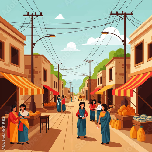 A vibrant illustration of a bustling marketplace scene featuring people interacting and shopping amidst stalls.