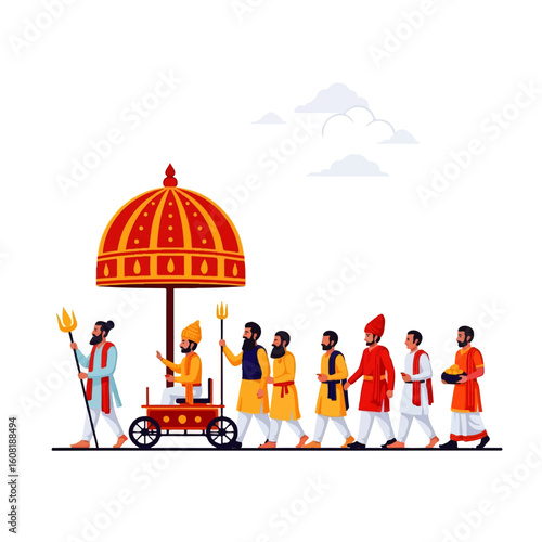 A stylized illustration of a religious procession with figures, carrying objects and walking.